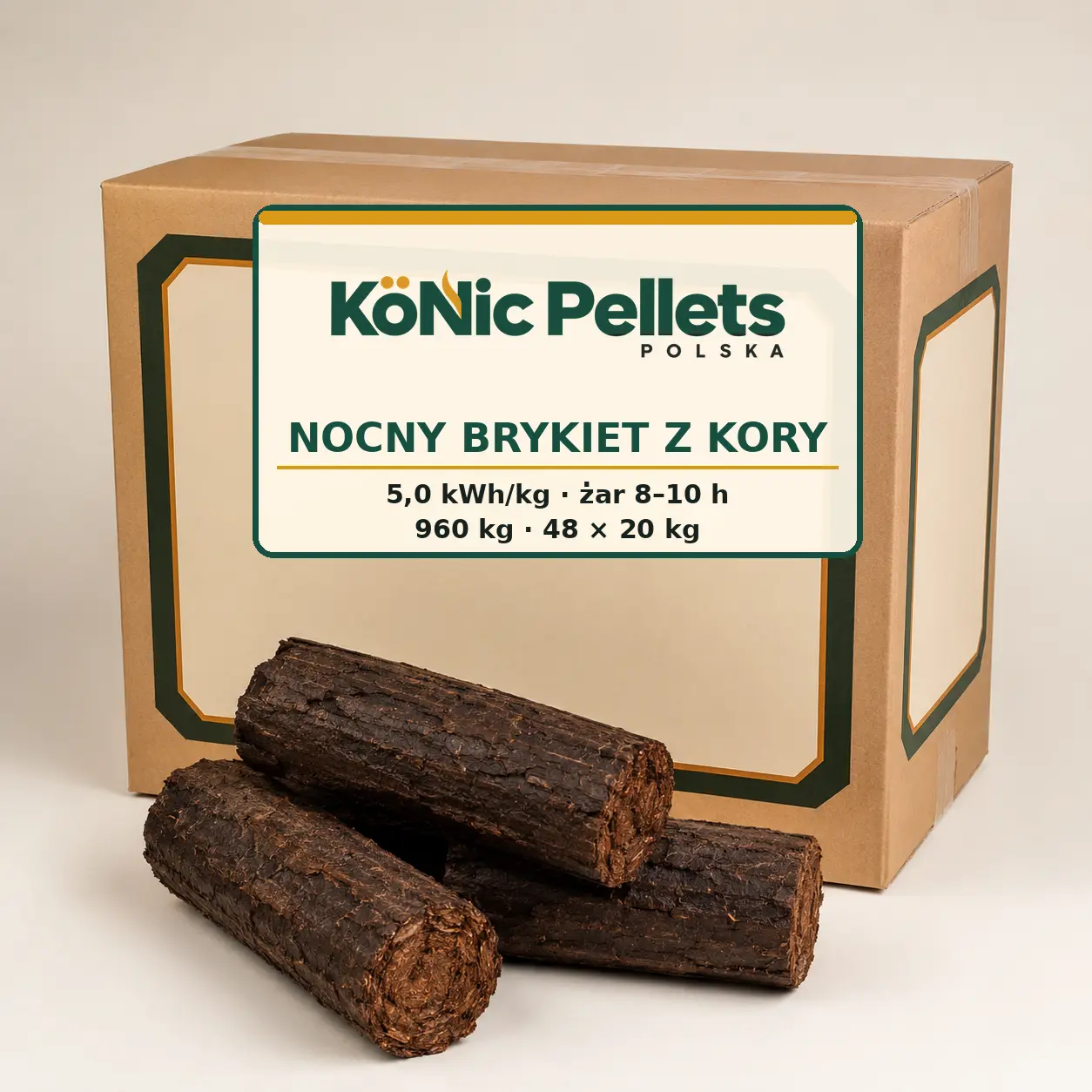 Nocny brykiet z kory i opakowanie 20 kg