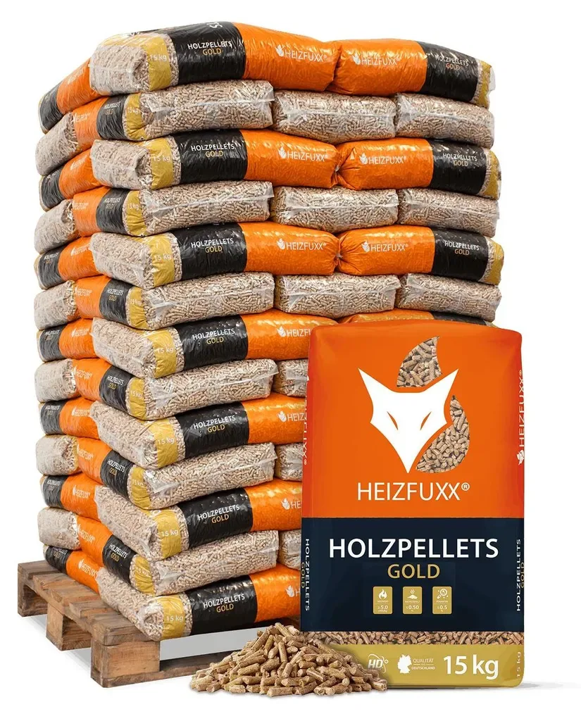 Pellet z drewna iglastego Heizfuxx Gold HD ENplus A1 6 mm · paleta 975 kg (65 × 15 kg)