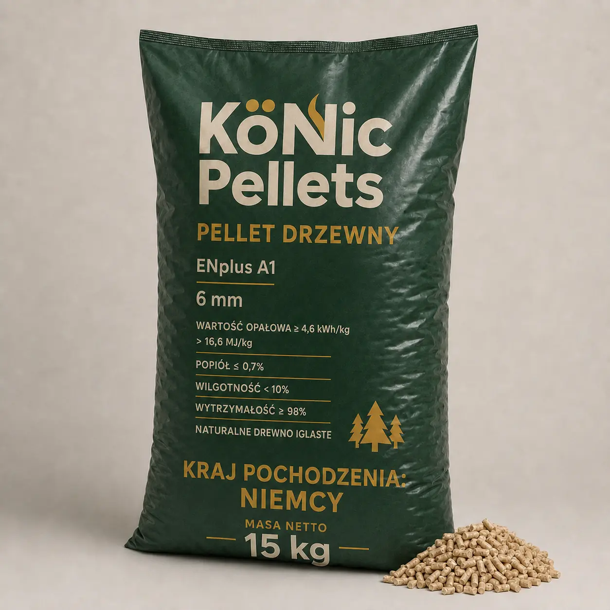 Pellet drzewny ENplus A1 6 mm · pełna paleta 990 kg (66 × 15 kg)
