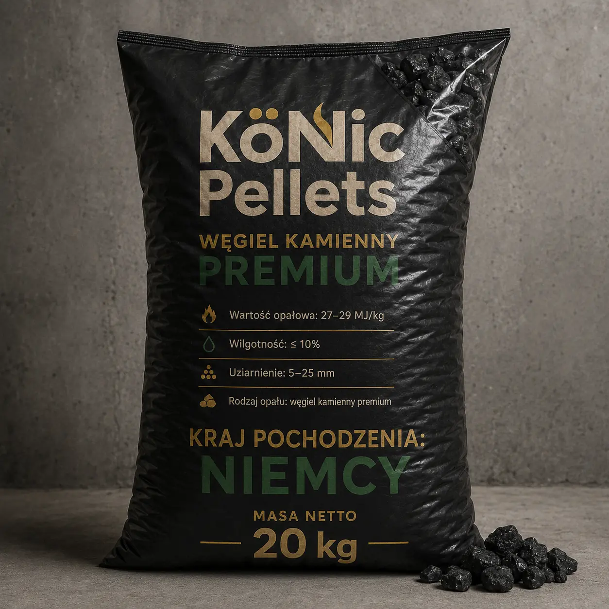 Węgiel kamienny Premium 5–25 mm, 27–29 MJ/kg · pełna paleta 1000 kg (50 × 20 kg)
