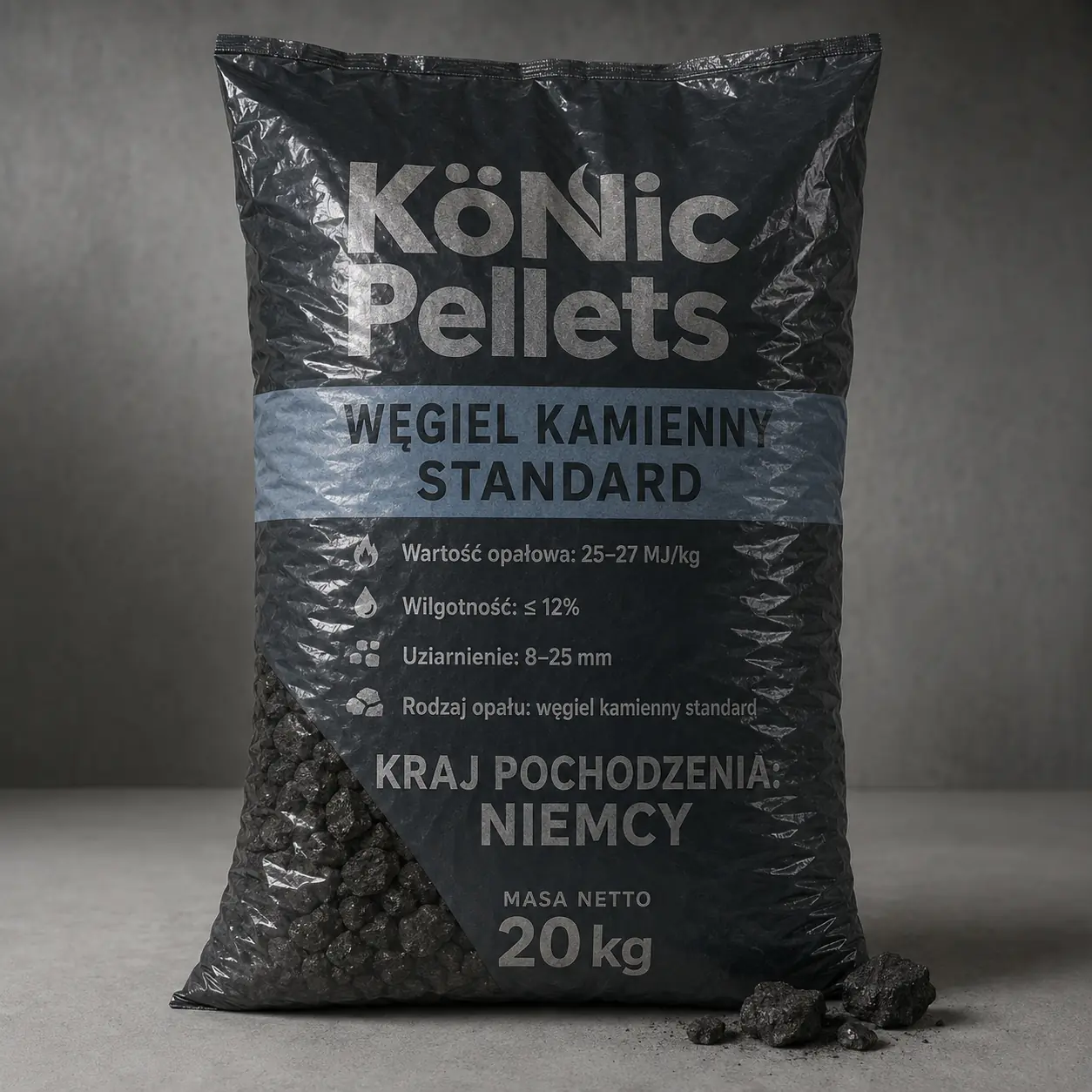 Węgiel kamienny Standard 8–25 mm, 25–27 MJ/kg · pełna paleta 1000 kg (50 × 20 kg)