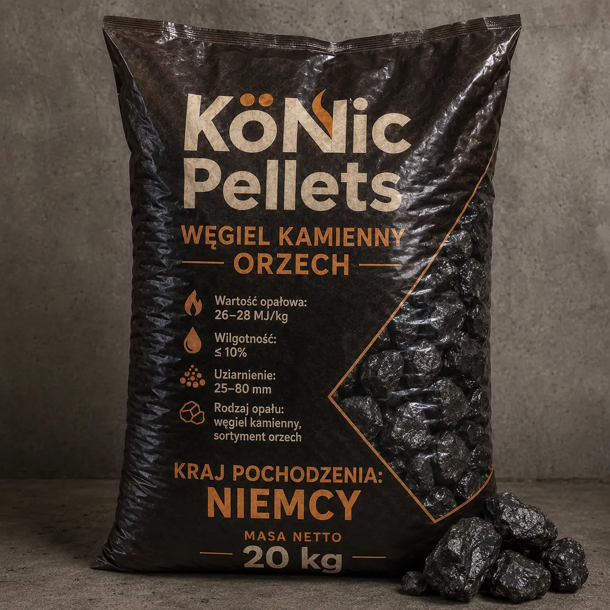 Węgiel kamienny orzech 25–80 mm, 26–28 MJ/kg · pełna paleta 1000 kg (50 × 20 kg)