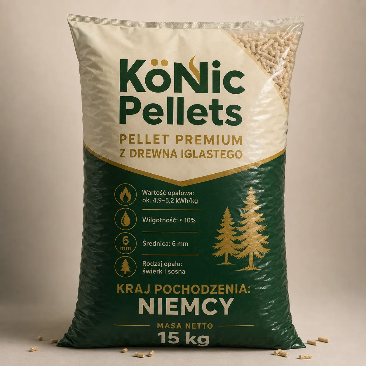Pellet premium z drewna iglastego 6 mm · pełna paleta 990 kg (66 × 15 kg)