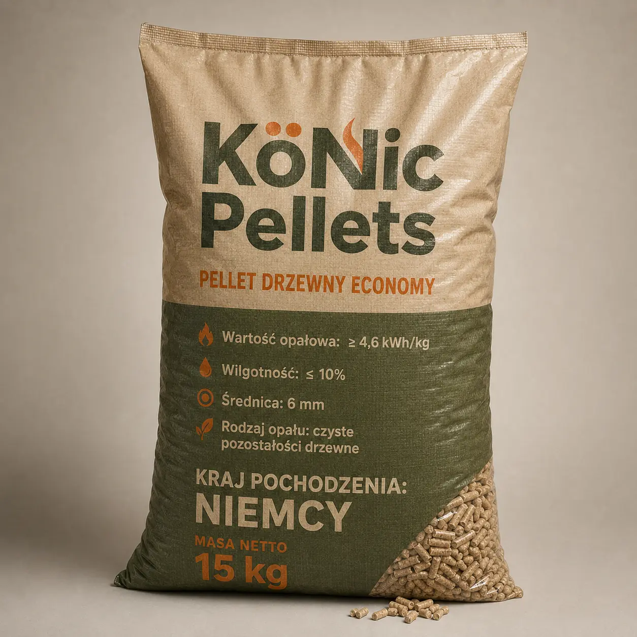 Pellet drzewny Economy 6 mm · pełna paleta 990 kg (66 × 15 kg)
