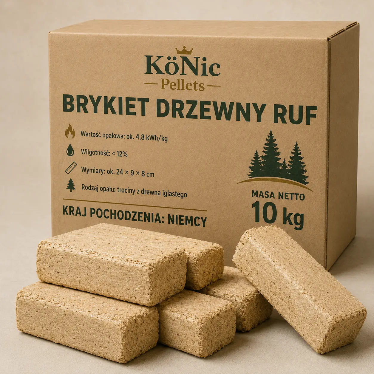 Brykiet drzewny RUF · pełna paleta 960 kg (96 × 10 kg)
