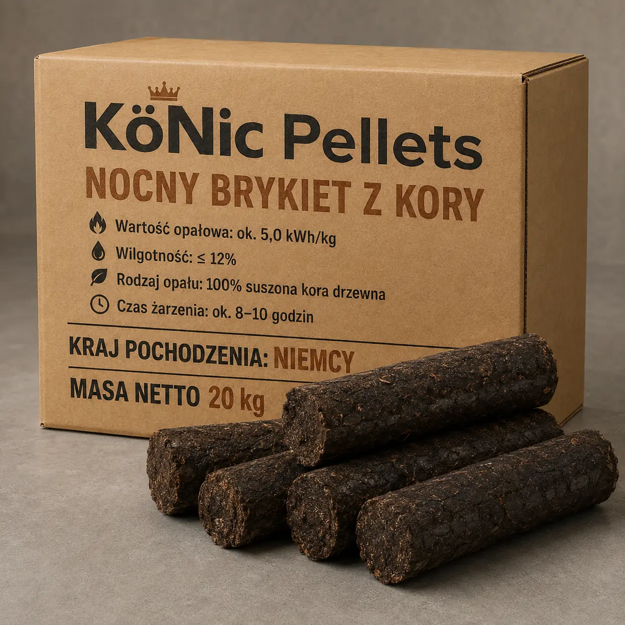 Nocny brykiet z kory · pełna paleta 960 kg (48 × 20 kg)