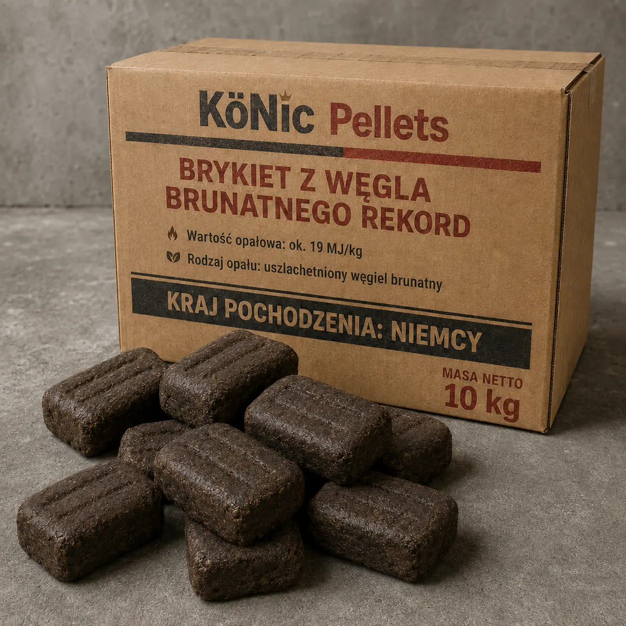 Brykiet z węgla brunatnego REKORD · pełna paleta 900 kg (90 × 10 kg)